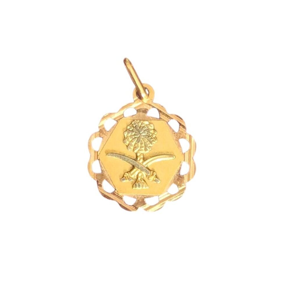 18K Gold Pentant Charm Saudi Arabia Coat of Arms 2‎ Swords Palm Tree Emblem